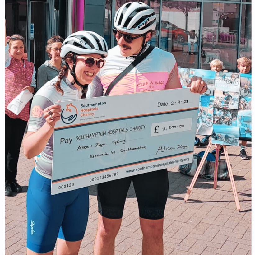 Alice and Žiga Erlač Shepherd at the end of their charity bike ride.