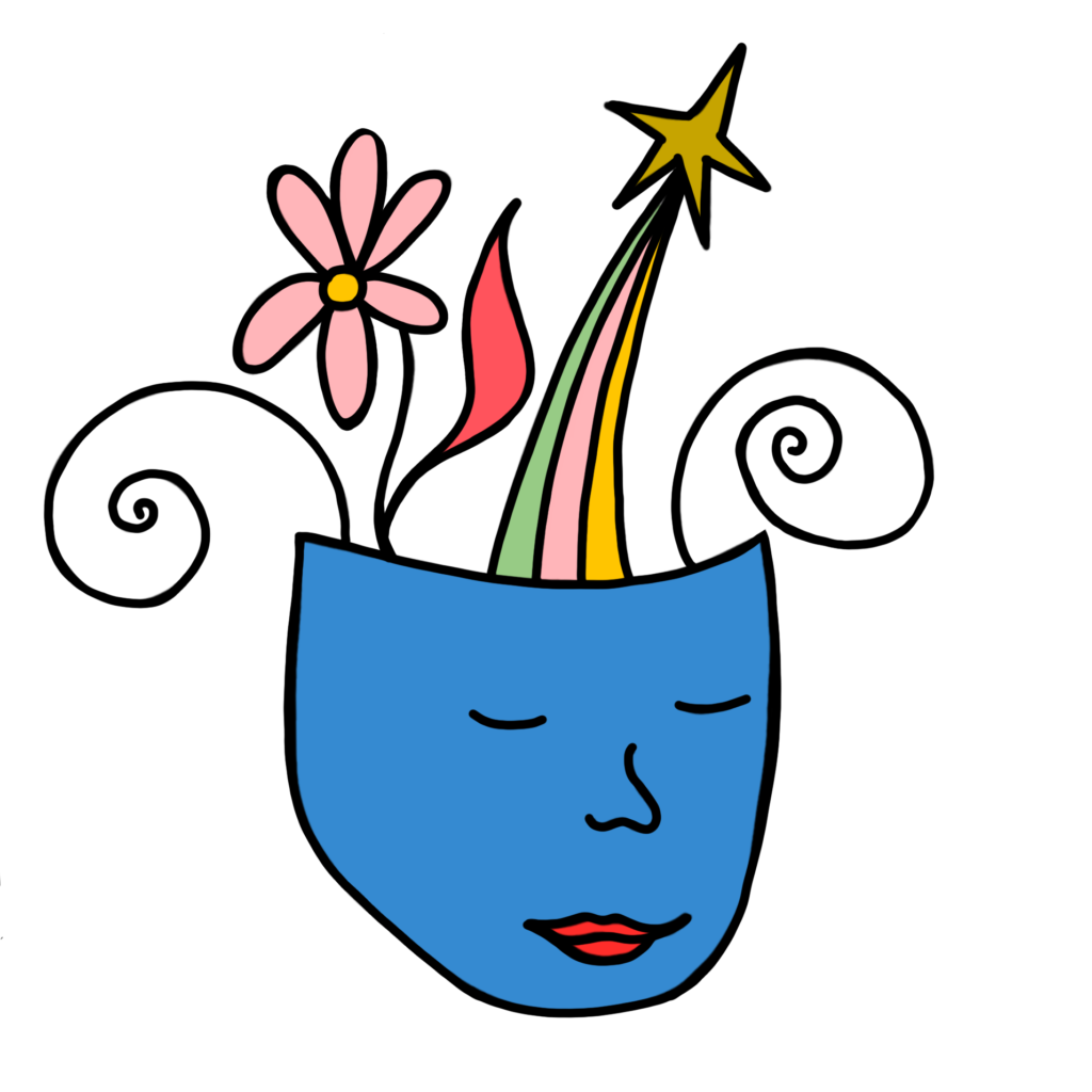 a doodle of a blue head with flowers, stars, and spirals emerging.