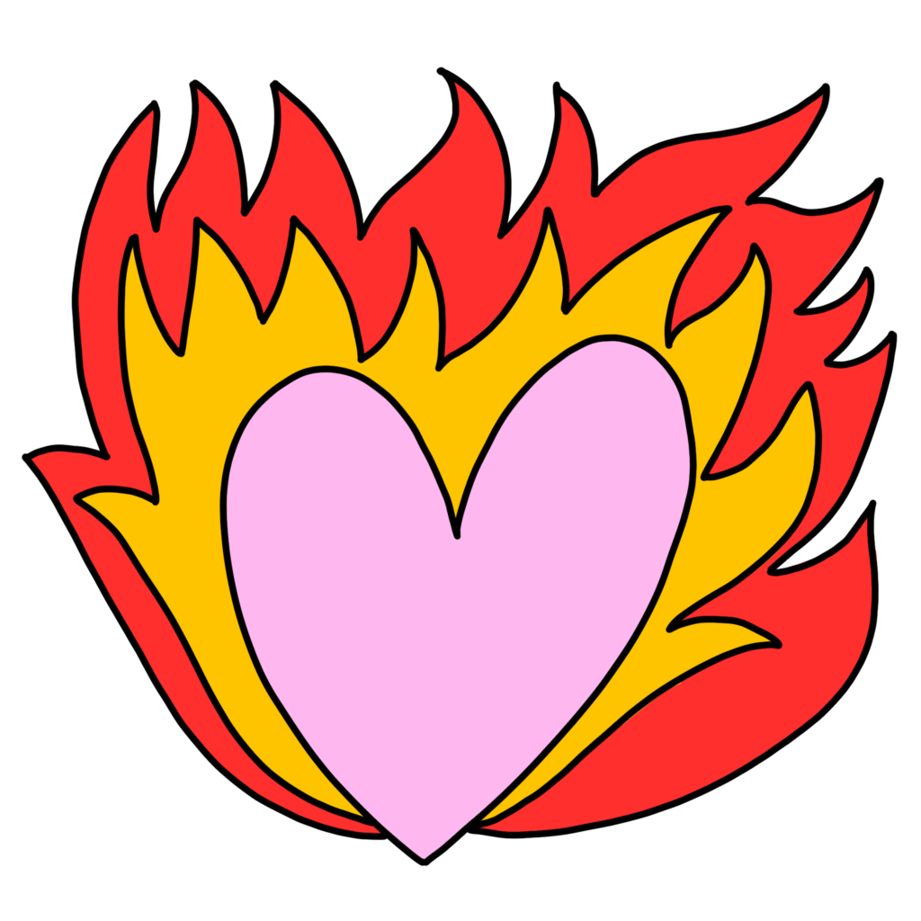 A pink heart with yellow and red flames behind, symbolising radical love and self-acceptance.