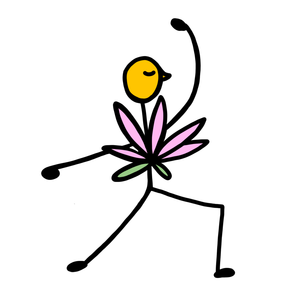 Stick person drawing of someone doing yoga. Their chest is a lotus, symbolising harmonised movement and inner peace.